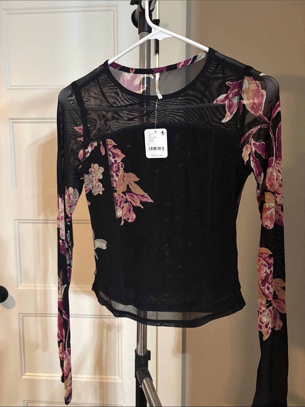 Free People Black Sheer Mesh Long Sleeve Top with Pink Floral Print